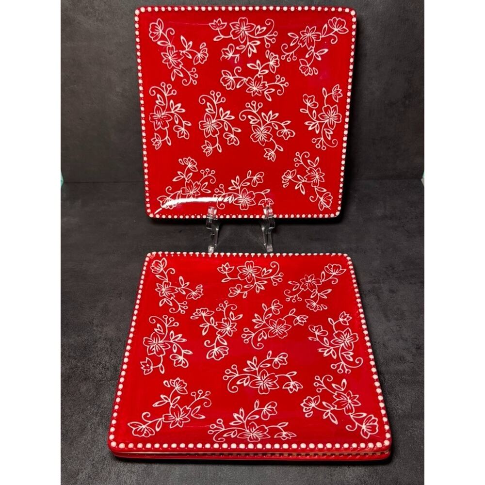 Temp-tations by Tara Floral Lace Red Square Salad Plates Set of 2 Ceramic 8in